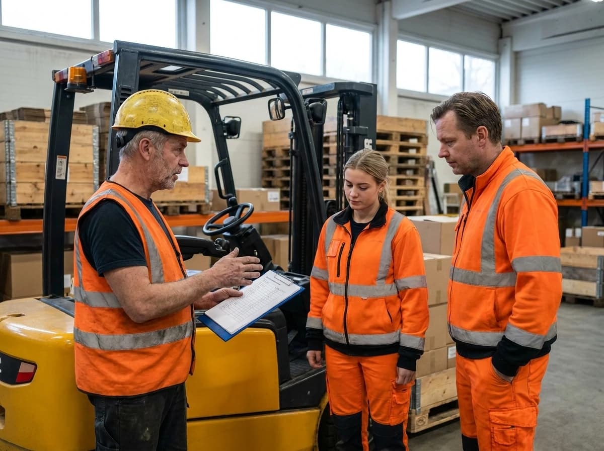 Instruktör förklarar truckkörning för elever på plats hos kund