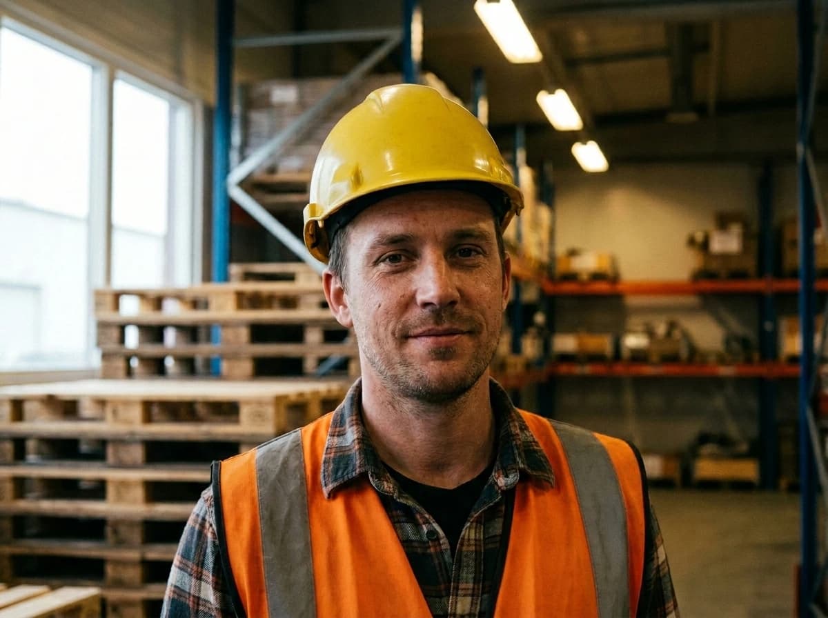 TLP10-certifierad truckförare i hjälm och skyddsväst på arbetsplatsen