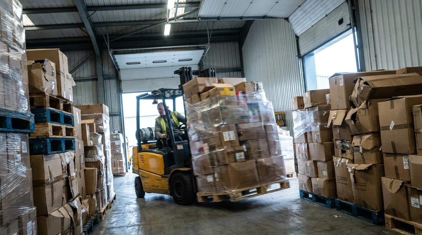 Truckförare manövrerar gaffeltruck i trångt lager med högt staplade pallar
